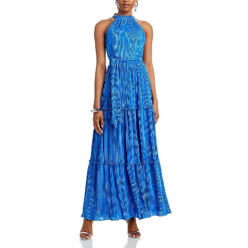 Aqua Womens Crinkled Halter Evening Dress