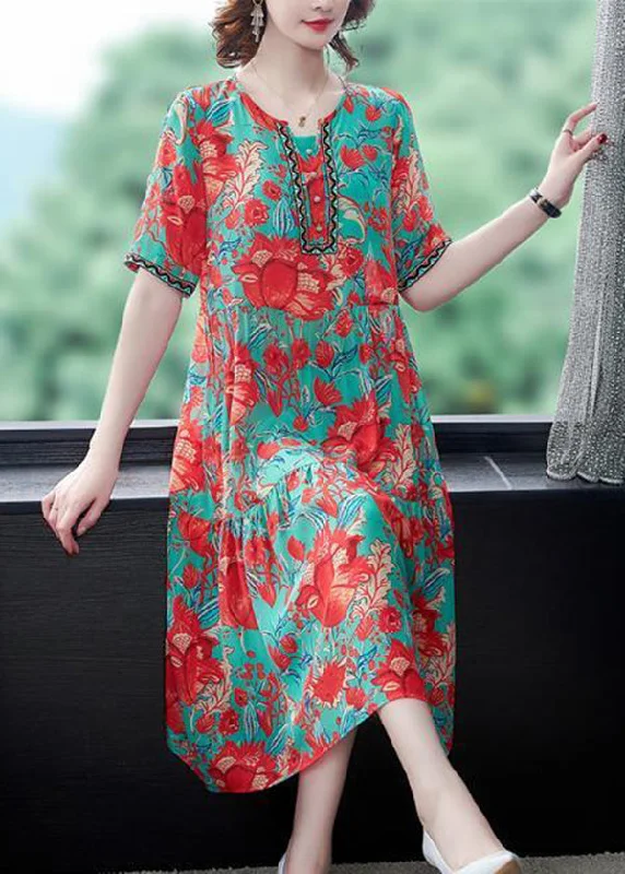 Beautiful Red O-Neck Print Silk Party Dress Summer