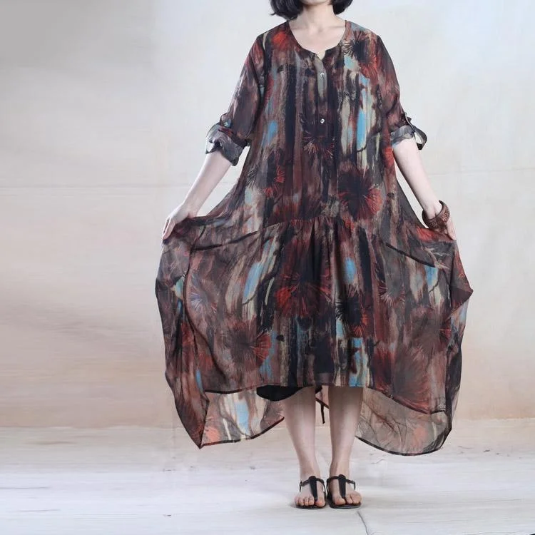 Brown summer floral maxi dress chiffon long sundress plus size holiday dress gown party dress