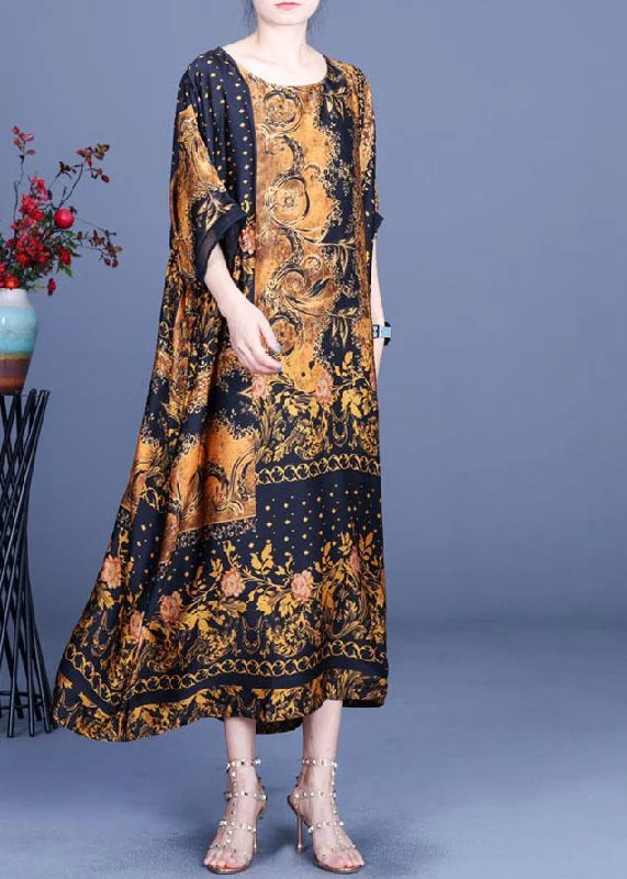 Casual Chocolate Print O-Neck Silk Summer Party Dress