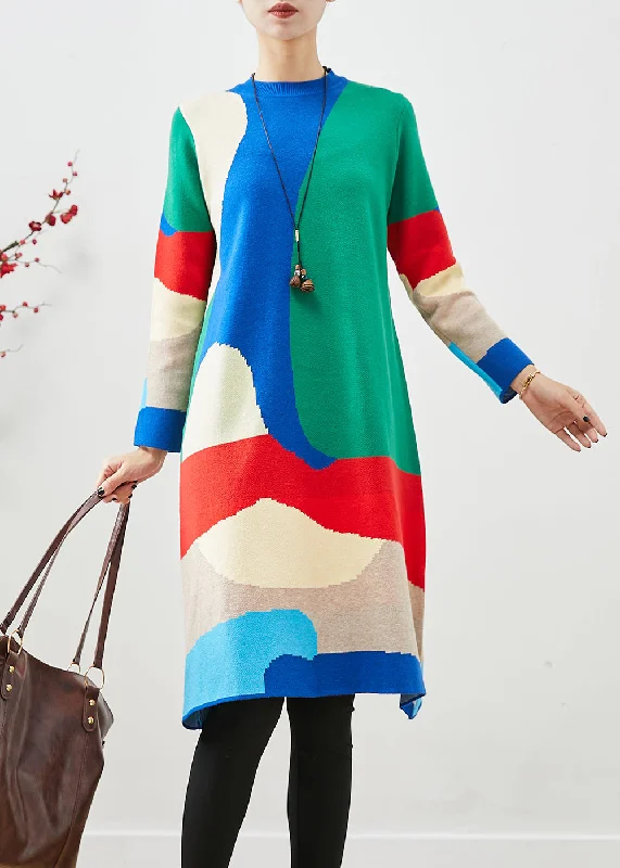 French Colorblock Painting Prints Knit Party Dress Fall