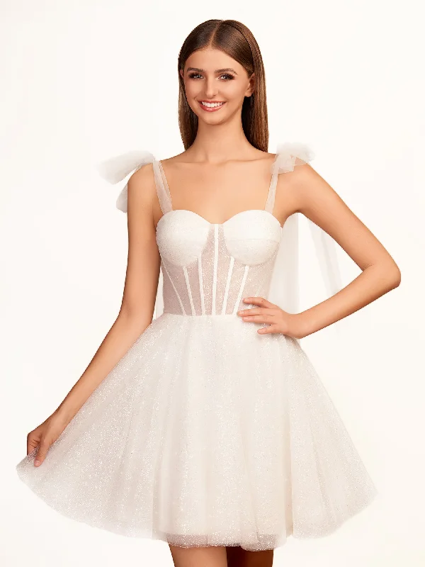 Jessalyn | A-Line Tie Shoulder Ivory Spraying Short Party Dress