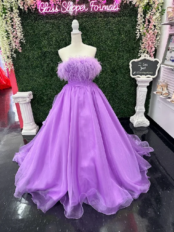 Johnathan Kayne 2739 Size 4 LILAC strapless feather neckline evening dress long organza A line gown