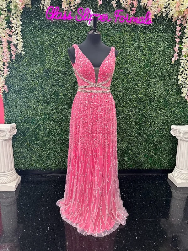 Johnathan Kayne 5400 Size 4 Pink Long Beaded Sequin A Line Crystal Formal Evening Dress Gown V Neck