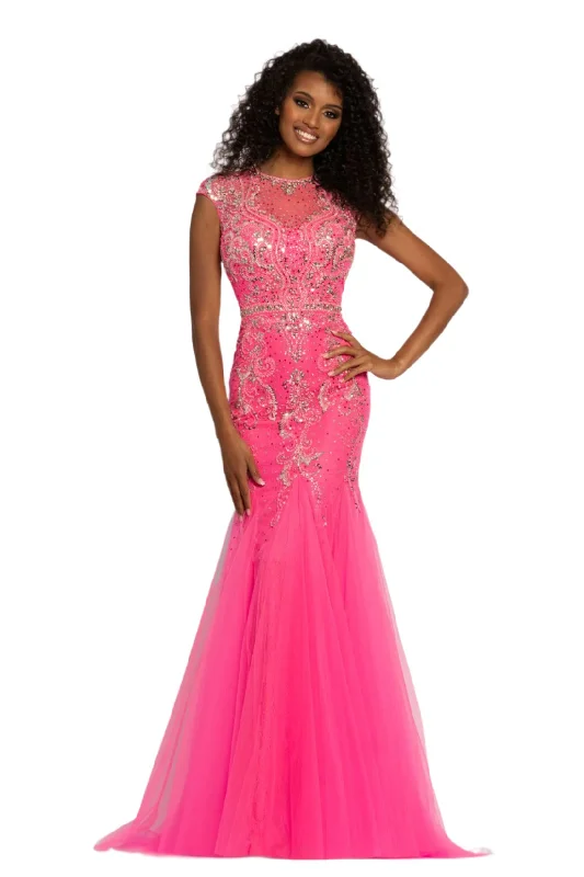 Johnathan Kayne 9039 Size 12 Neon Pink Prom Dress Lace Cap Sleeve Mermaid Evening Dress