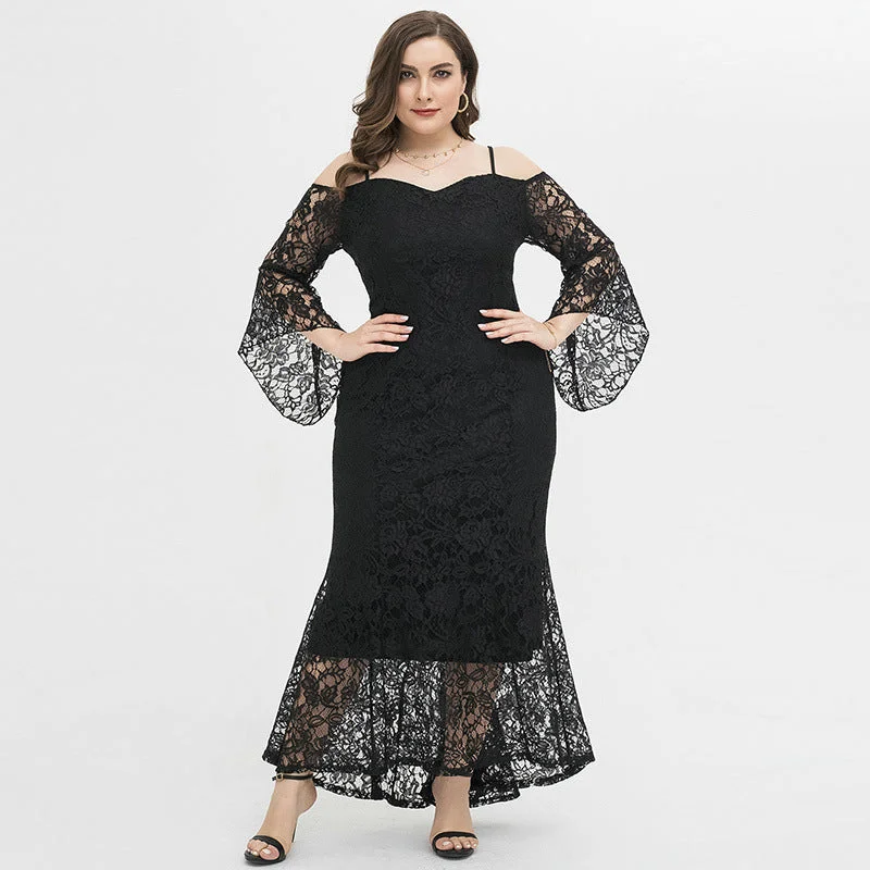 NiDELL Amazon European and American plus Size Women's Clothes Classic Style Evening Dress Elegant Lady Long Sleeve Lace Dress Fx200017