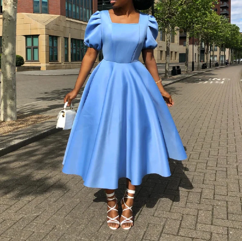 NiDELL D252 European and American Women's Clothing . Summer New Short Sleeve Pleated Solid Color Large Skirt Party Dress Cross-Border Dress