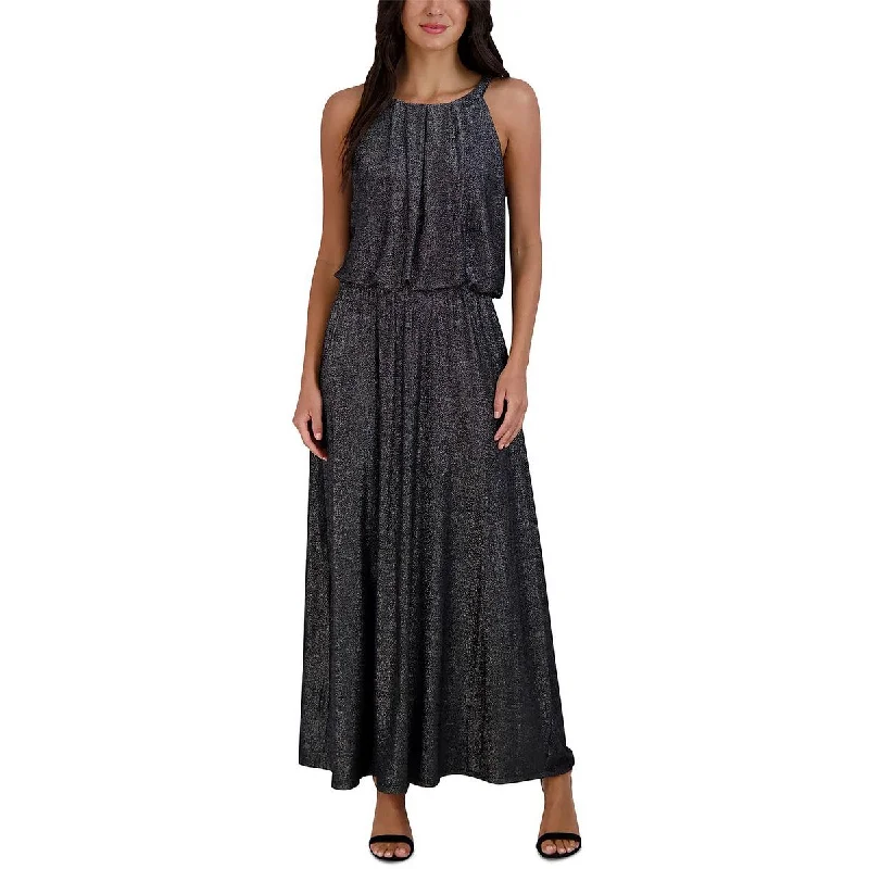 Robbie Bee Womens Petites Metallic Halter Evening Dress