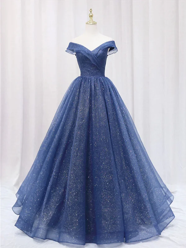 Shiny Off Shoulder Navy Blue Tulle Long Prom Dresses Navy Blue Formal Graduation Evening Dresses