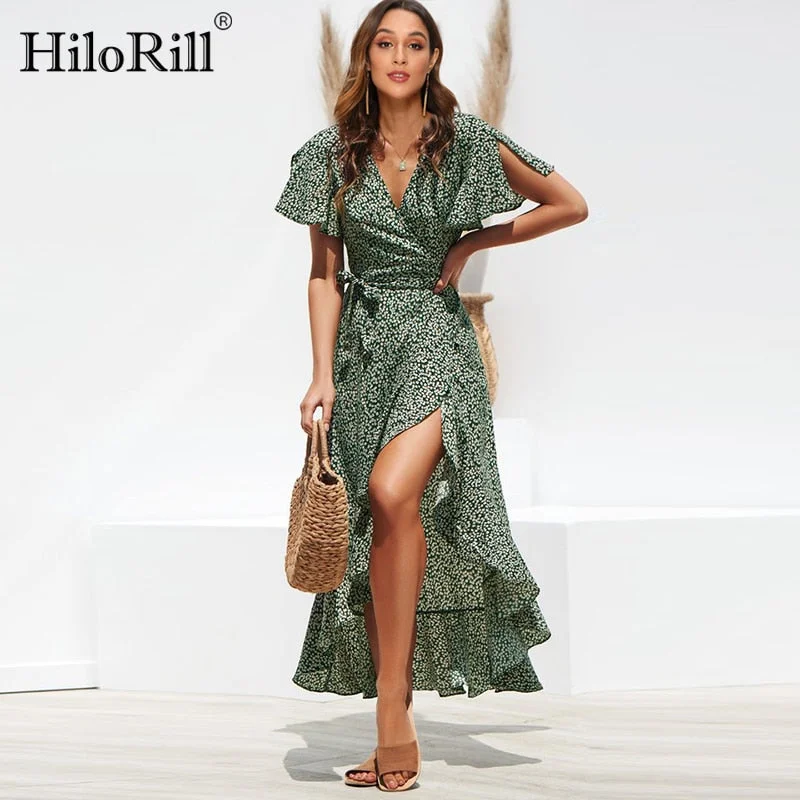 Summer Beach Maxi Dress Women Floral Print Boho Long Dress Ruffles Wrap Casual V-Neck Split Sexy Party Dress