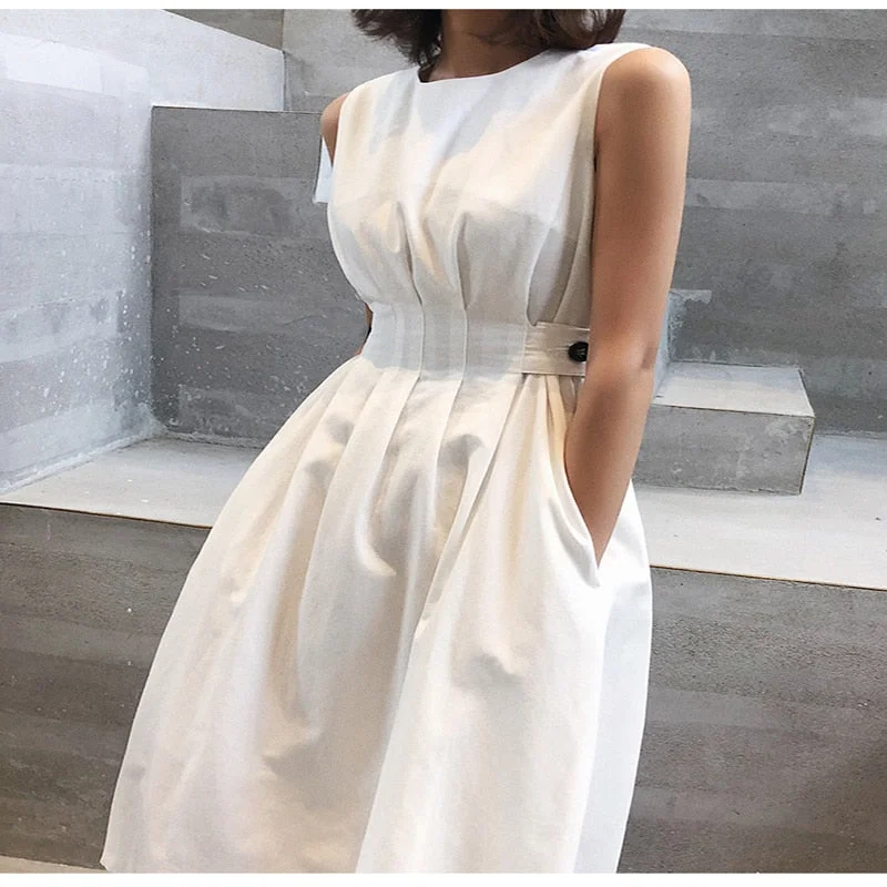 Summer Women Solid White Black Fashion Elegant Casual Party Dress O neck Sleeveless Tank Sundress Female