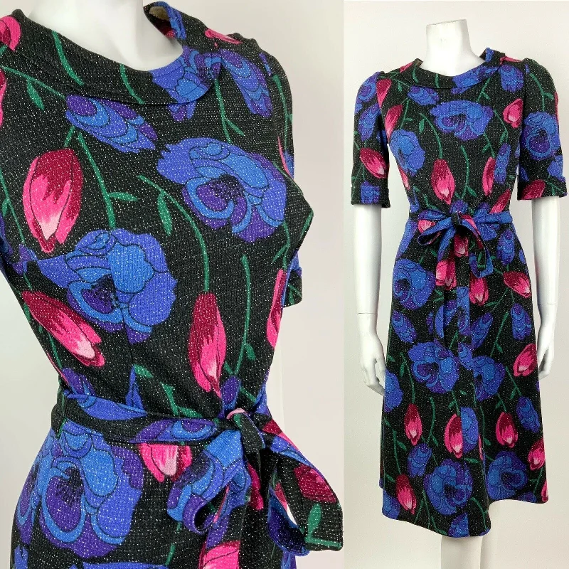 VTG 60s 70s BLACK PINK RED BLUE SILVER FLORAL TULIP ROSE LUREX PARTY DRESS 8 10