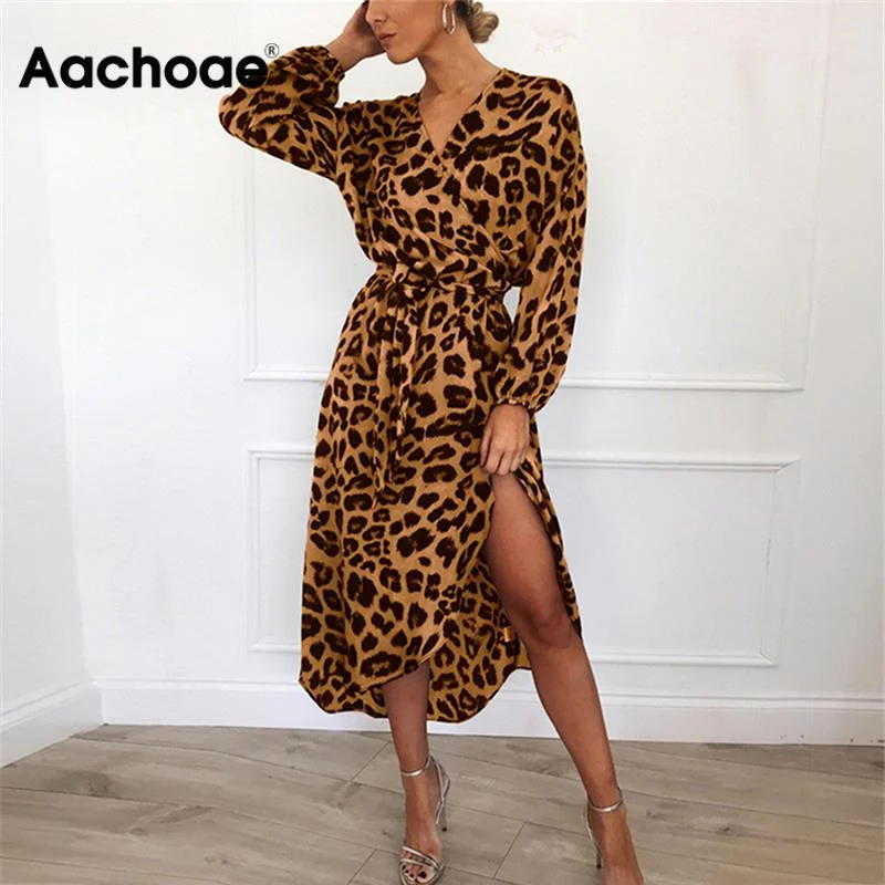 Women Vintage Long Beach Dress Loose Long Sleeve V-neck A-line Sexy Party Dress