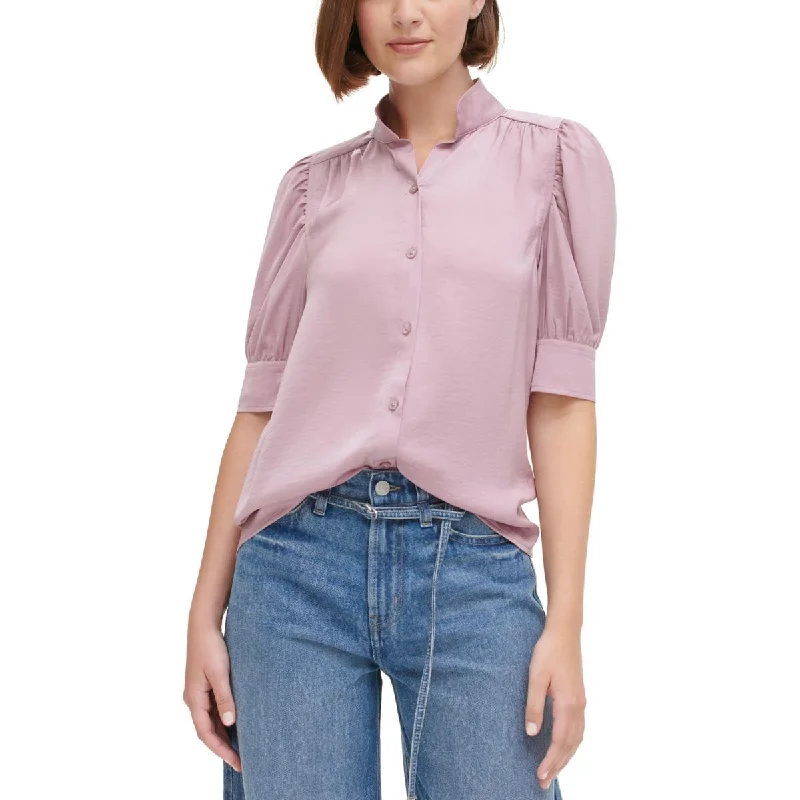 Calvin Klein Jeans Womens Petites Lightweight Solid Button-Down Top