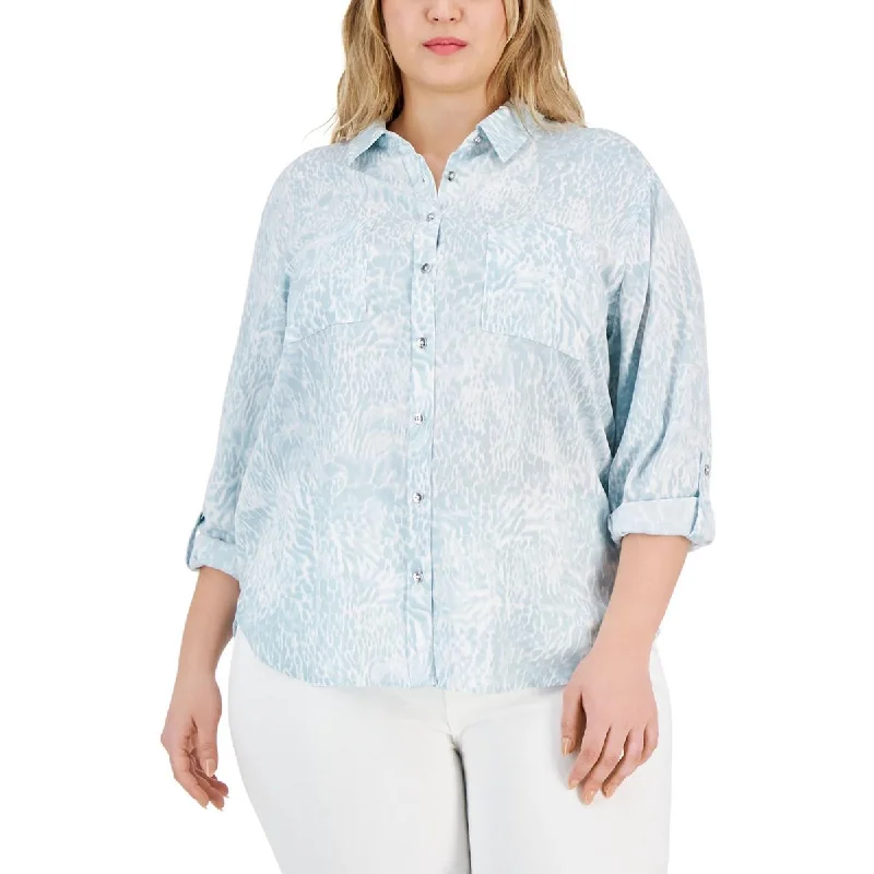 Calvin Klein Jeans Womens Plus Printed Collared Button-Down Top