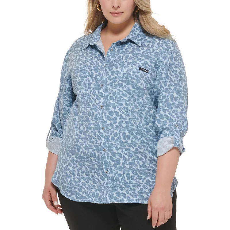 Calvin Klein Jeans Womens Plus Printed Long Sleeve Button-Down Top