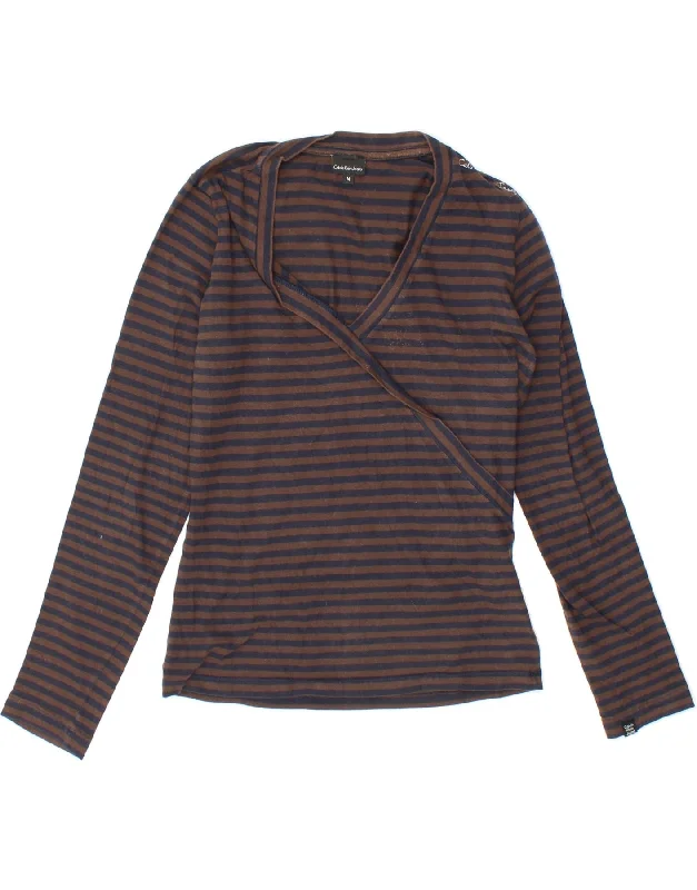 CALVIN KLEIN JEANS Womens Top Long Sleeve UK 12 Medium Brown Striped