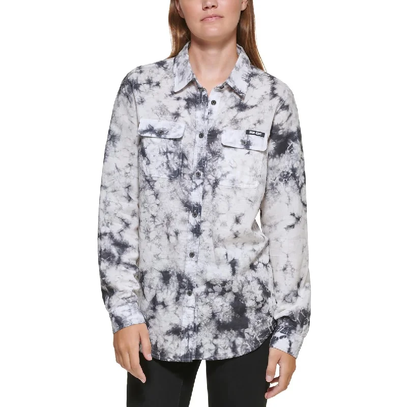 DKNY Jeans Womens Linen Blend Printed Button-Down Top