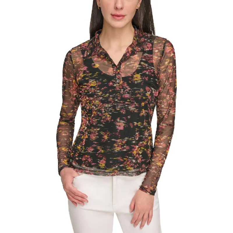 DKNY Jeans Womens Printed Collared Polo Top