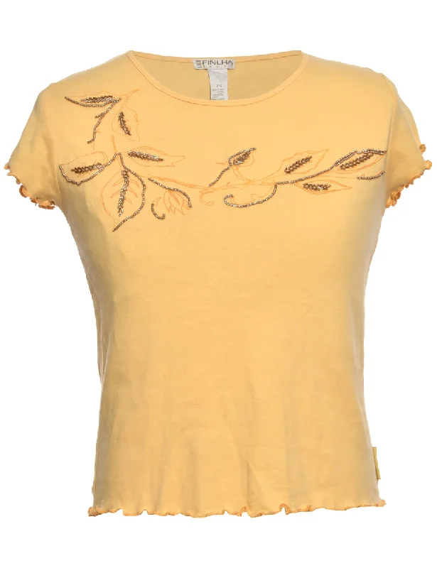 Embellished Yellow Printed T-shirt - S