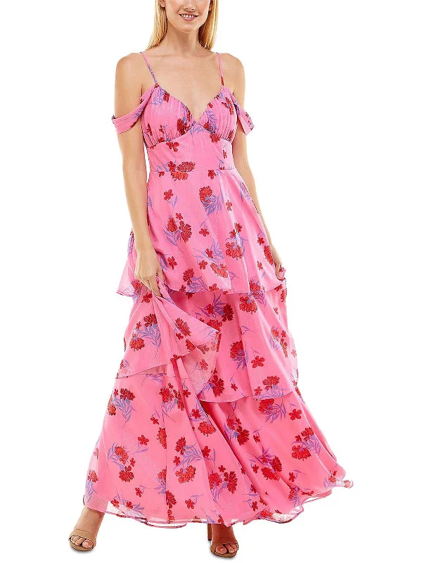 Juniors Womens Floral Tiered Evening Dress