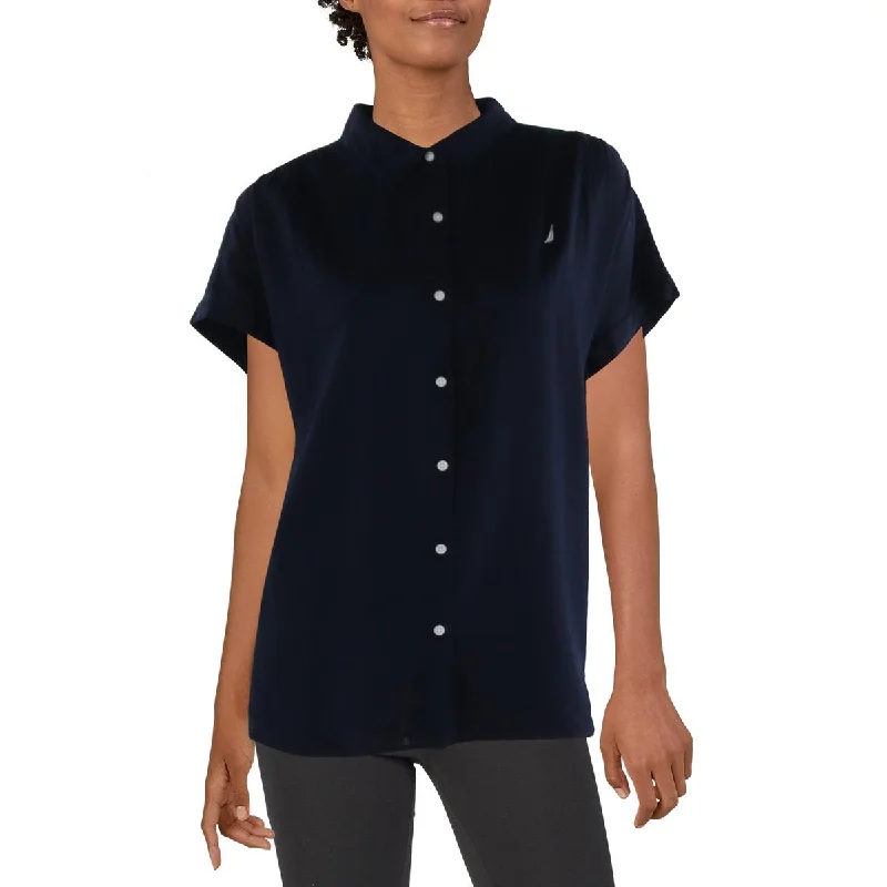 Nautica Jeans Co. Womens Linen Collared Button-Down Top