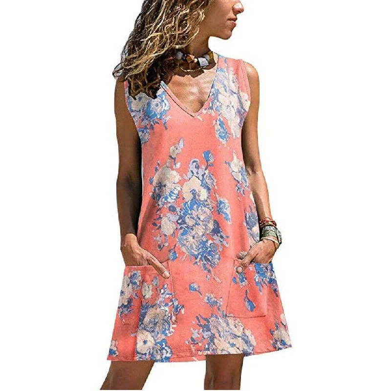 FashionSierra - New Women Casual Loose Tunic Floral Dress Ladies Casual Beach Swing Strappy Cami Pocket Summer Party Dress Sundress