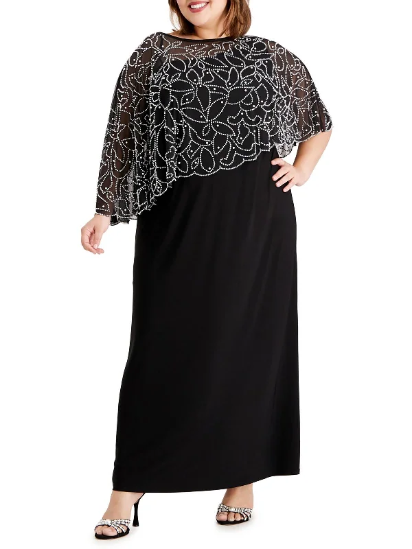 Plus Womens Knit Cape Sleeves Evening Dress