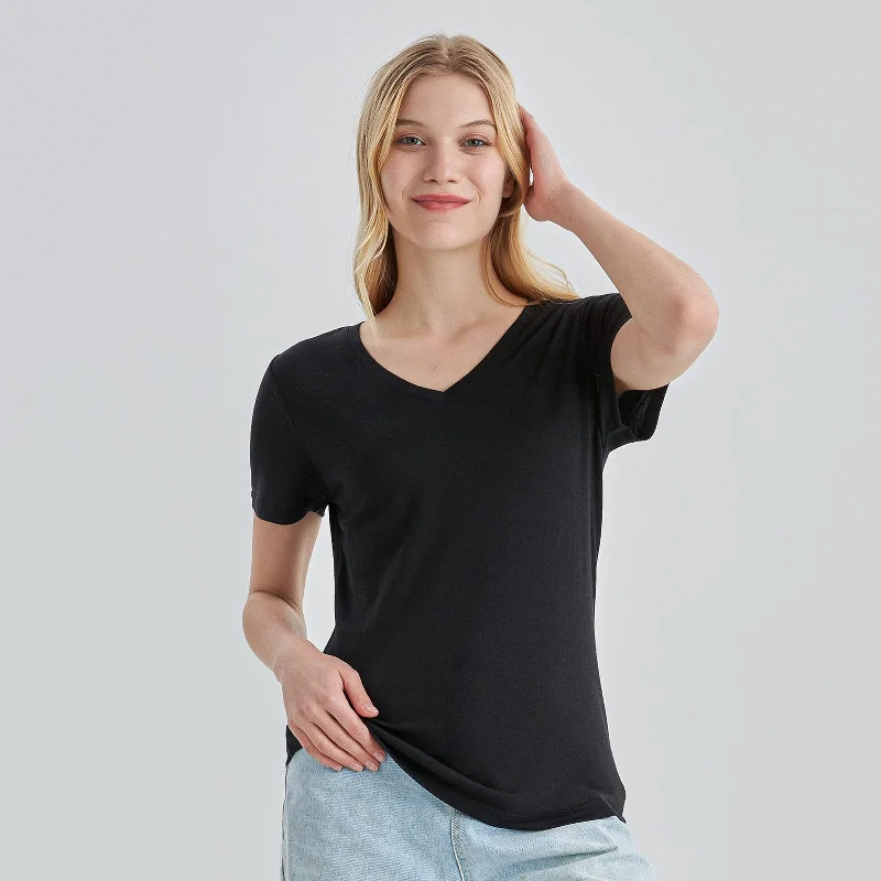 Women’s 100% Merino Wool V Neck T-Shirt Black - MT10