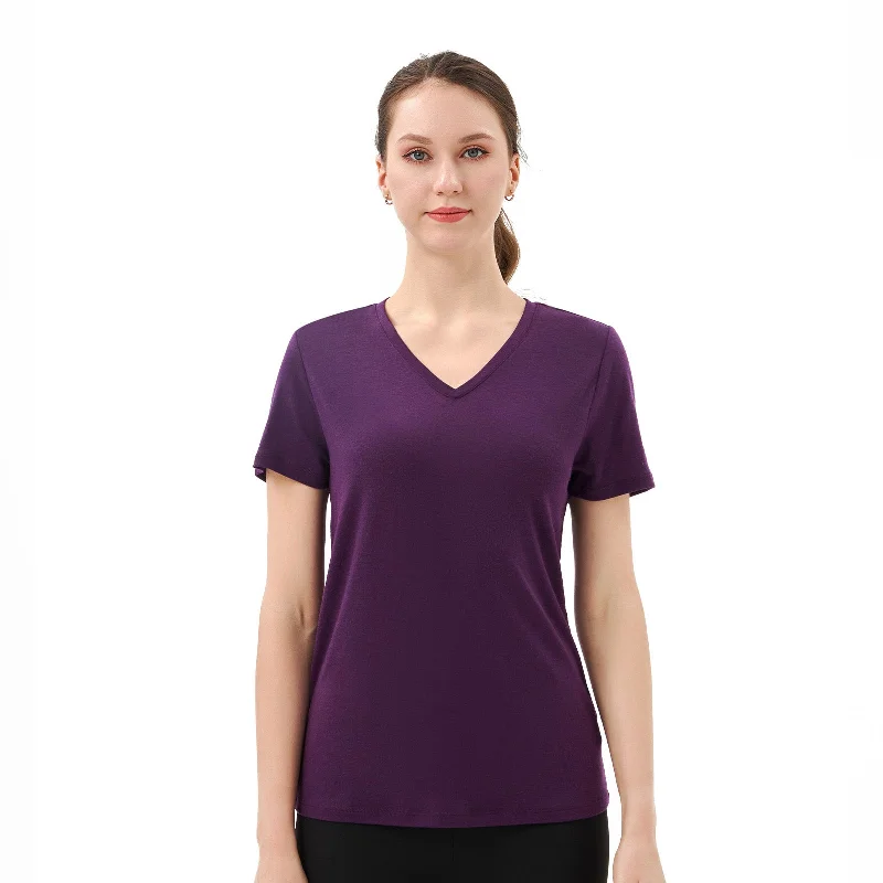 Women’s 100% Merino Wool V Neck T-Shirt Dark Purple - MT10