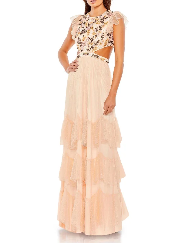 Womens Embroidered Cut-Out Evening Dress