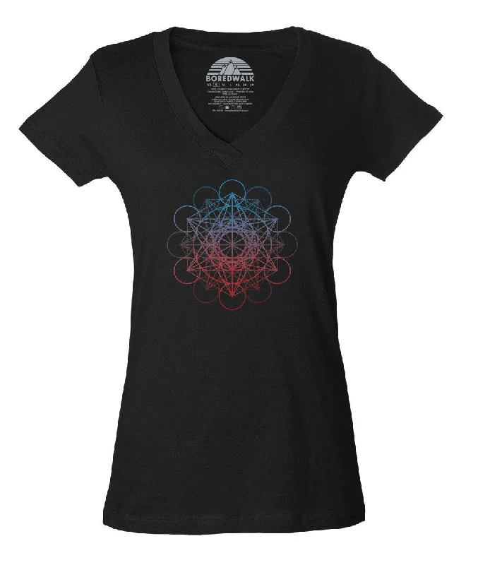 Women's Metatrons Cube Rainbow Vneck T-Shirt Geometric Crystal New Age Yoga