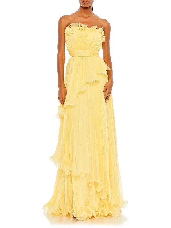 Womens Pleated Tiered Evening Dress