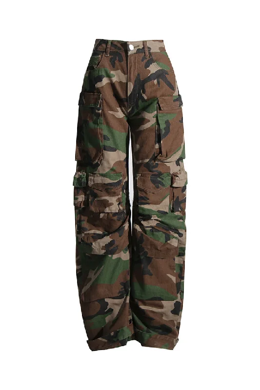 Cool Camo Print High Waist Wide Leg Full Length Horseshoe Cargo Jeans