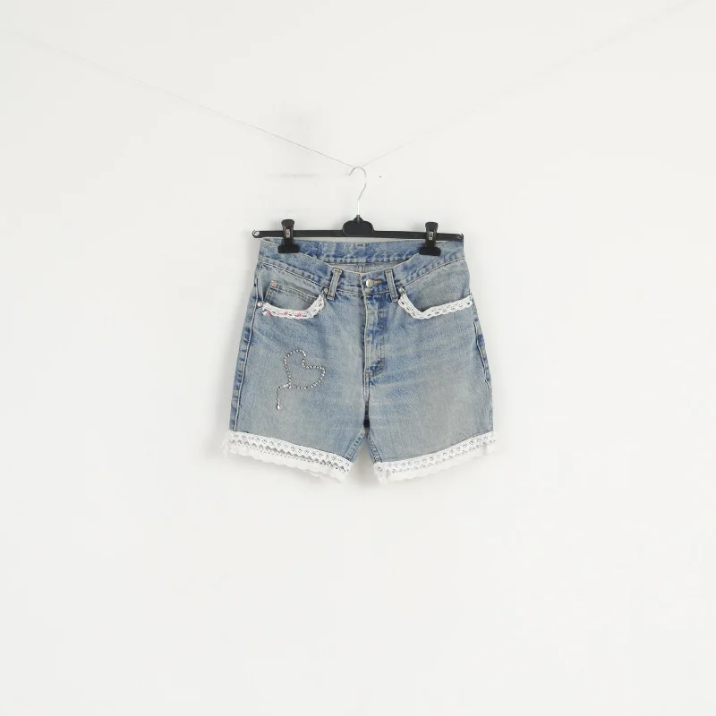 Mustang Jeans Women 32 Shorts Blue Handmade Denim Beads Cotton Summer