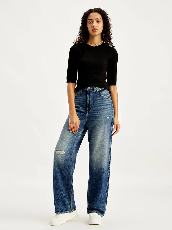 Women's High Rise Loose Fit Blue Jeans