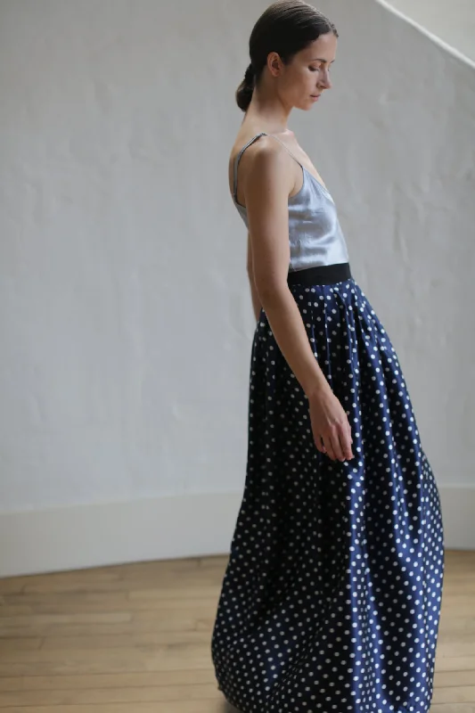 Charmeuse Pleated Long Wrap Skirt | Navy Polkadot