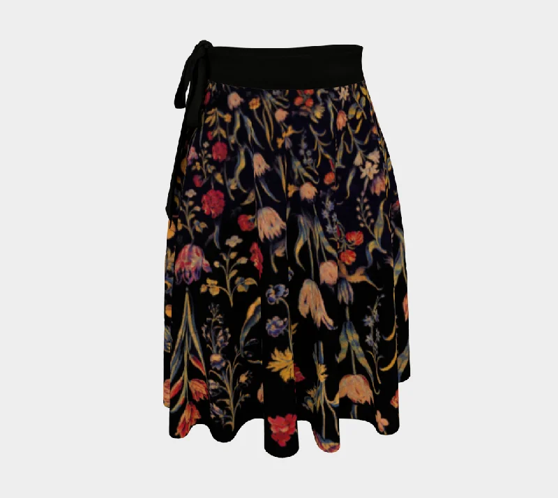 Medieval Flowers on Black Wrap Skirt