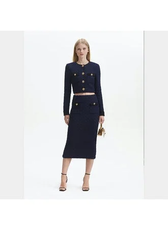 NAVY WEAVE KNIT MIDI SKIRT