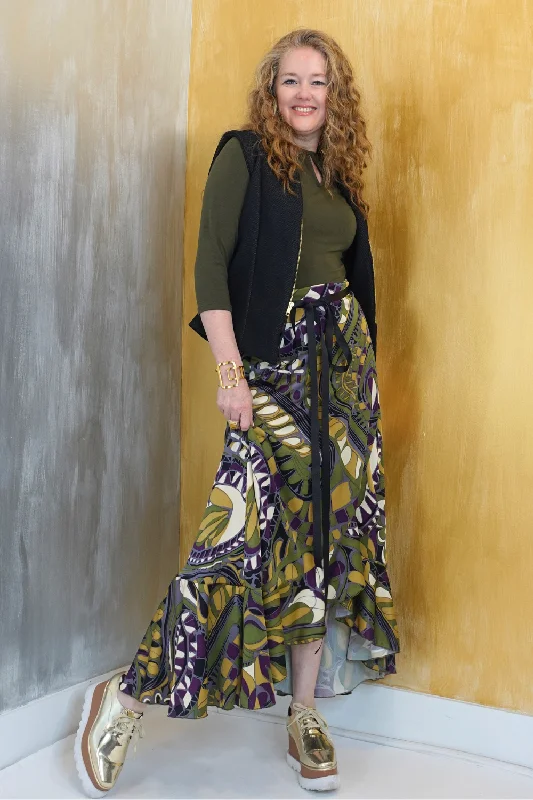 Retro Olive Print Silk Jersey Wrap Skirt