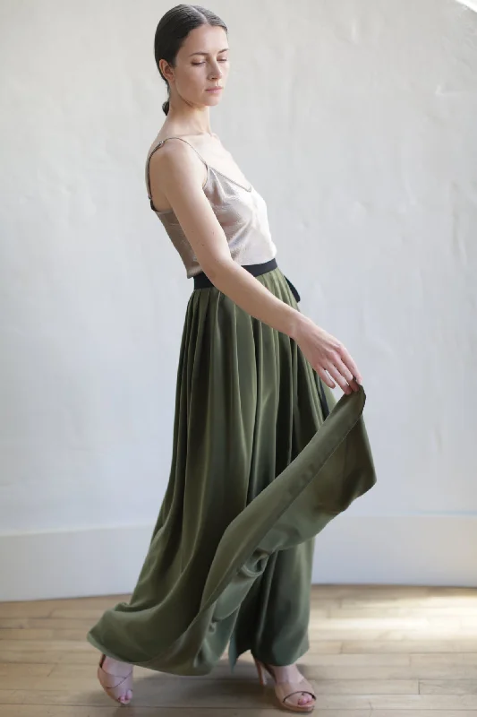 Silk Pleated Long Wrap Skirt | Olive