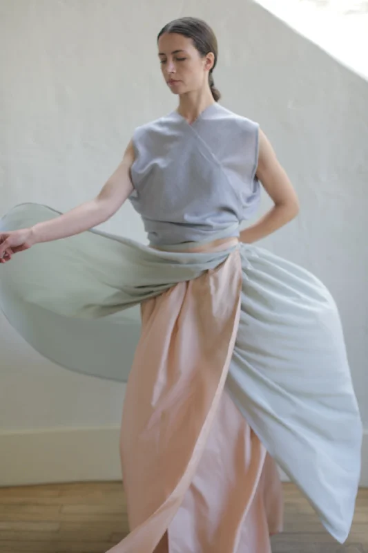 Silk Reversible Pleated Long Wrap Skirt | Celadon/Blush