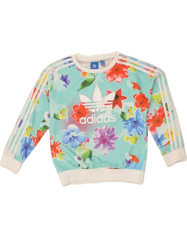 ADIDAS Girls Graphic Sweatshirt Jumper 10-11 Years Turquoise Floral