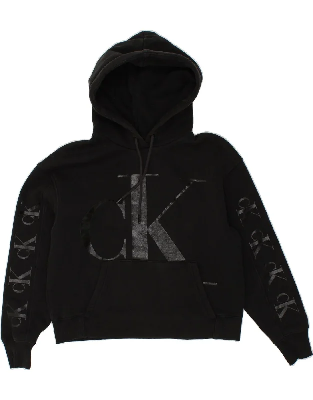 CALVIN KLEIN Womens Oversized Graphic Hoodie Jumper UK 10 Small Black