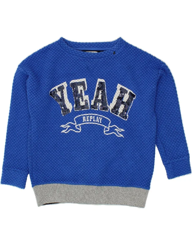 REPLAY Girls Graphic Sweatshirt Jumper 9-10 Years Blue Colourblock