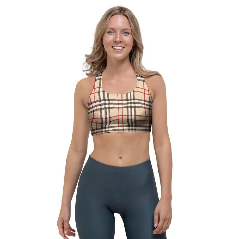 Beige Plaid Tartan Sports Bra