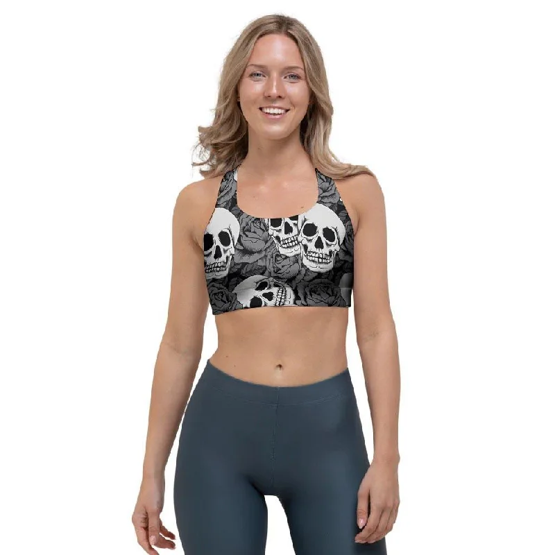 Black And White Rose Floral Skull Sports Bra