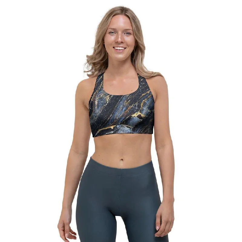 Black Gold Cracked Marble Sports Bra