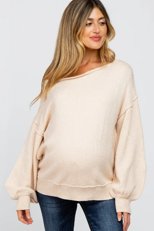 Beige Boat Neck Bubble Sleeve Maternity Sweater