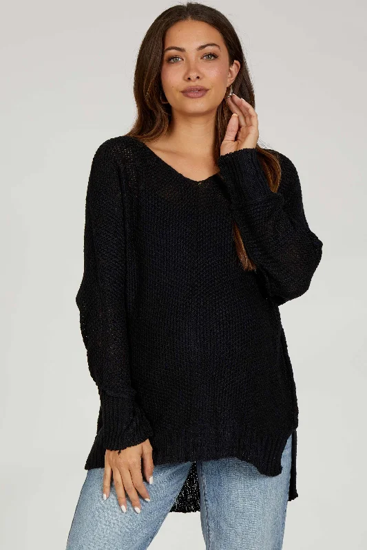 Black Chunky Knit Side Slit Maternity Sweater